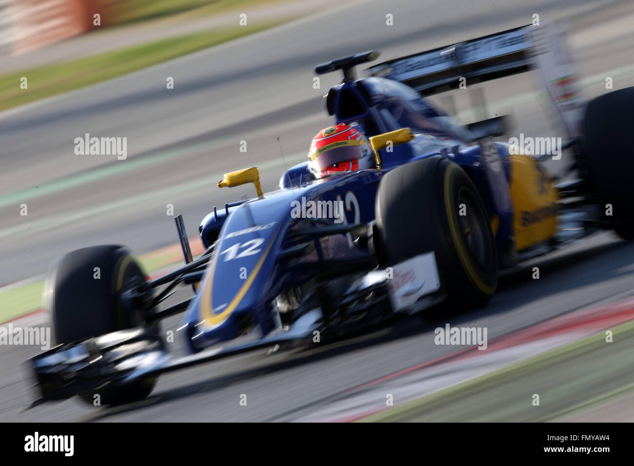 Brazilian Formula One driver Felipe Nasr of Sauber steers his car during the training session for the upcoming Formula One season at the Circuit de Barcelona - Catalunya in Barcelona, Spain, 24 February 2016. Photo: Jens Buettner/dpa Stock Photo