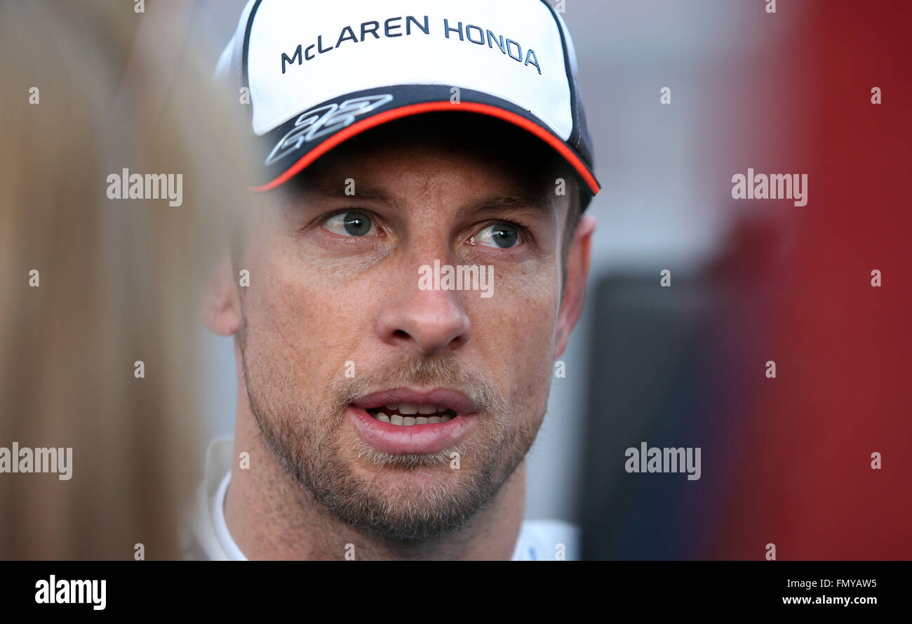 British Formula One driver Jenson Button of McLaren Honda seen after the training session for the upcoming Formula One season at the Circuit de Barcelona - Catalunya in Barcelona, Spain, 22 February 2016. Photo: Jens Buettner/dpa Stock Photo