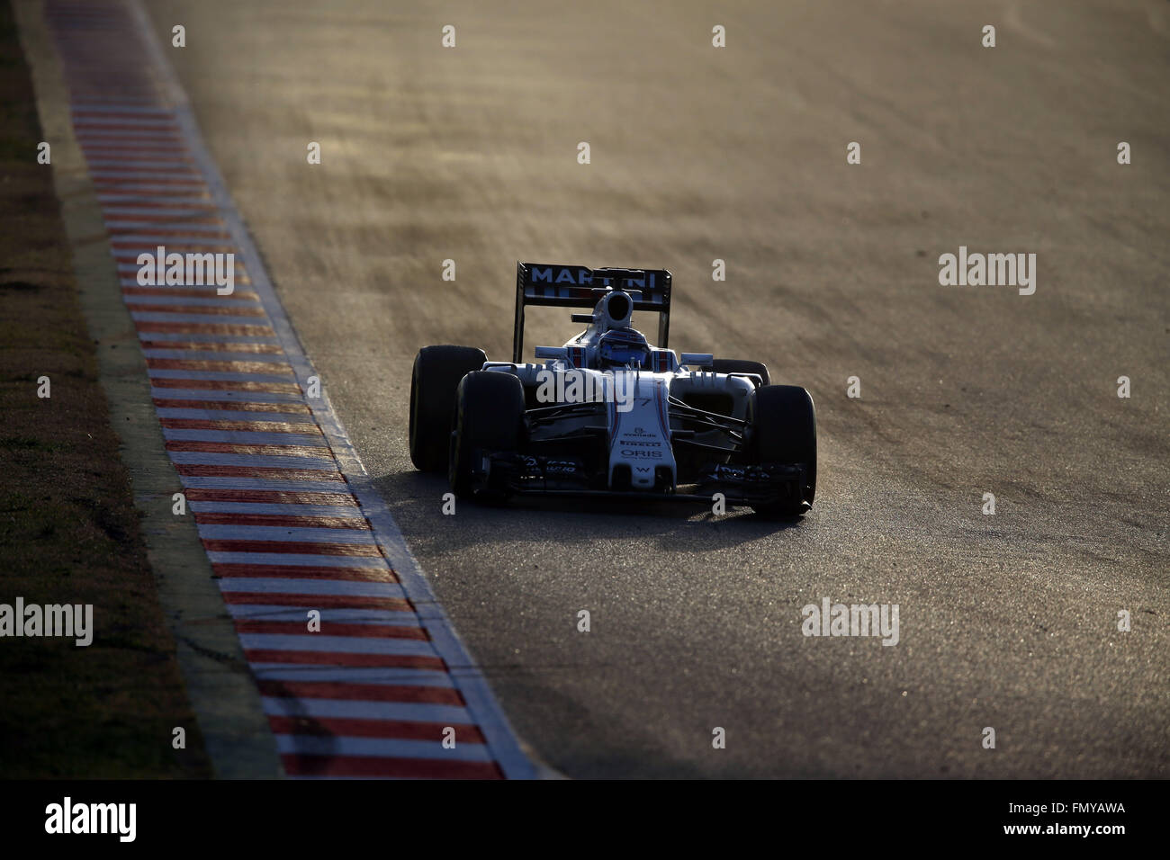 Finnish Formula One driver Valtteri Bottas of Williams steers his car during the training session for the upcoming Formula One season at the Circuit de Barcelona - Catalunya in Barcelona, Spain, 23 February 2016. Photo: Jens Buettner/dpa Stock Photo