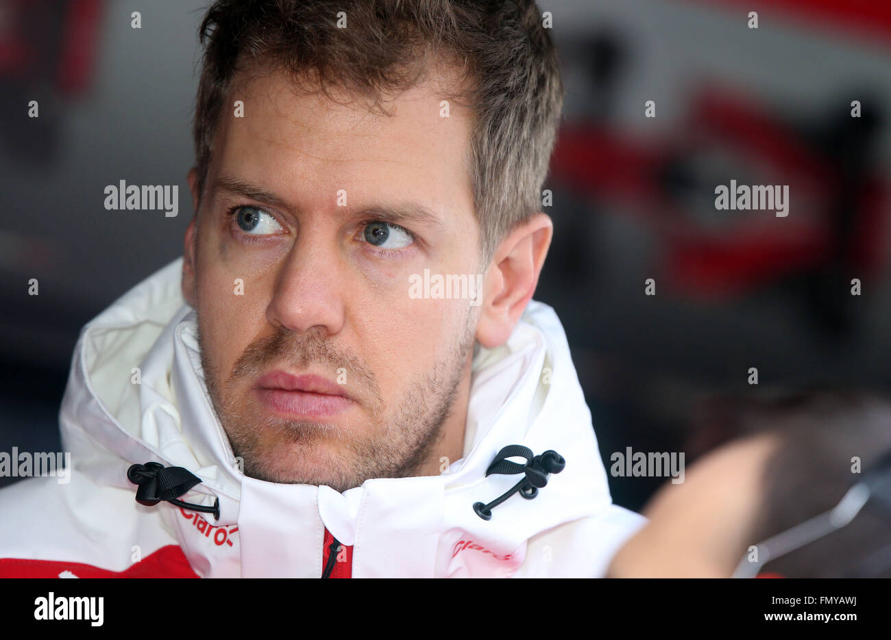 German Formula One driver Sebastian Vettel of Scuderia Ferrari is seen during the training session for the upcoming Formula One season at the Circuit de Barcelona - Catalunya in Barcelona, Spain, 22 February 2016. Photo: Jens Buettner/dpa Stock Photo