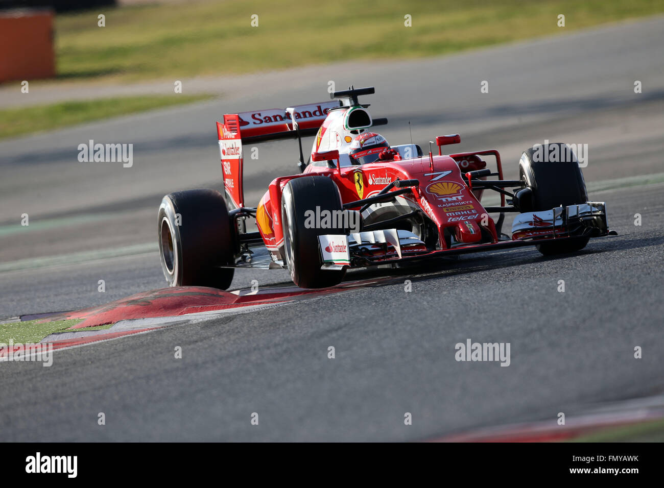 Finnish Formula One driver Kimi Raikkonnen of Ferrari steers his car during the training session for the upcoming Formula One season at the Circuit de Barcelona - Catalunya in Barcelona, Spain, 24 February 2016. Photo: Jens Buettner/dpa Stock Photo