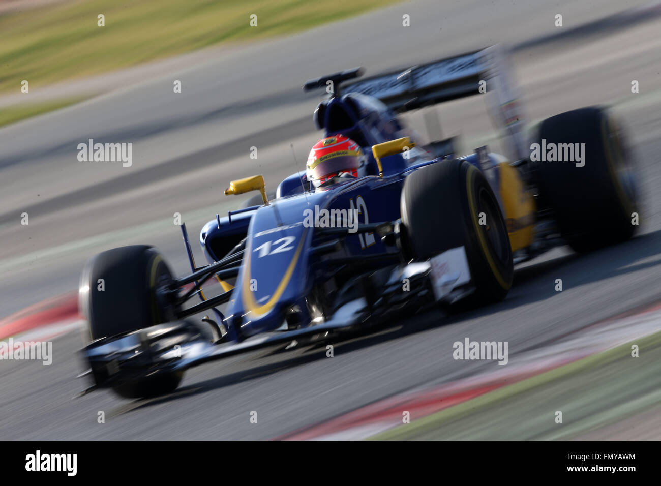 Brazilian Formula One driver Felipe Nasr of Sauber steers his car during the training session for the upcoming Formula One season at the Circuit de Barcelona - Catalunya in Barcelona, Spain, 24 February 2016. Photo: Jens Buettner/dpa Stock Photo