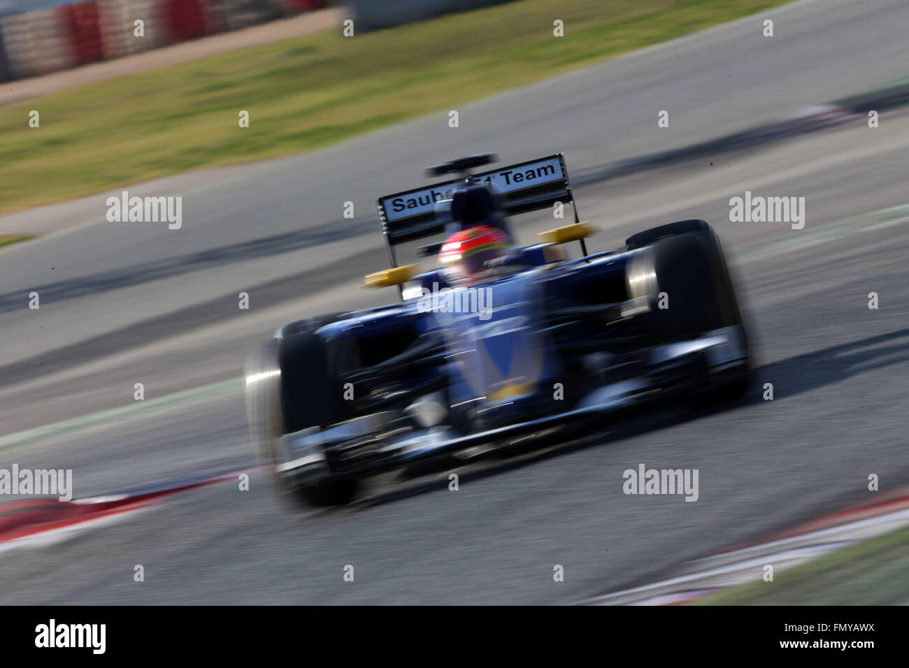 Brazilian Formula One driver Felipe Nasr of Sauber steers his car during the training session for the upcoming Formula One season at the Circuit de Barcelona - Catalunya in Barcelona, Spain, 24 February 2016. Photo: Jens Buettner/dpa Stock Photo