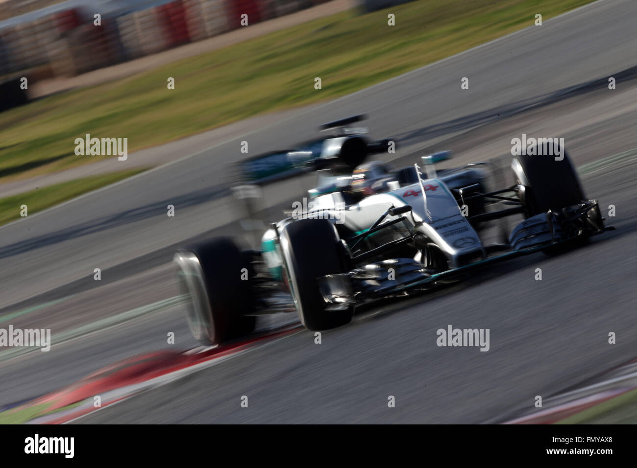 British Formula One driver Lewis Hamilton of Mercedes AMG steers his car during the training session for the upcoming Formula One season at the Circuit de Barcelona - Catalunya in Barcelona, Spain, 24 February 2016. Photo: Jens Buettner/dpa Stock Photo