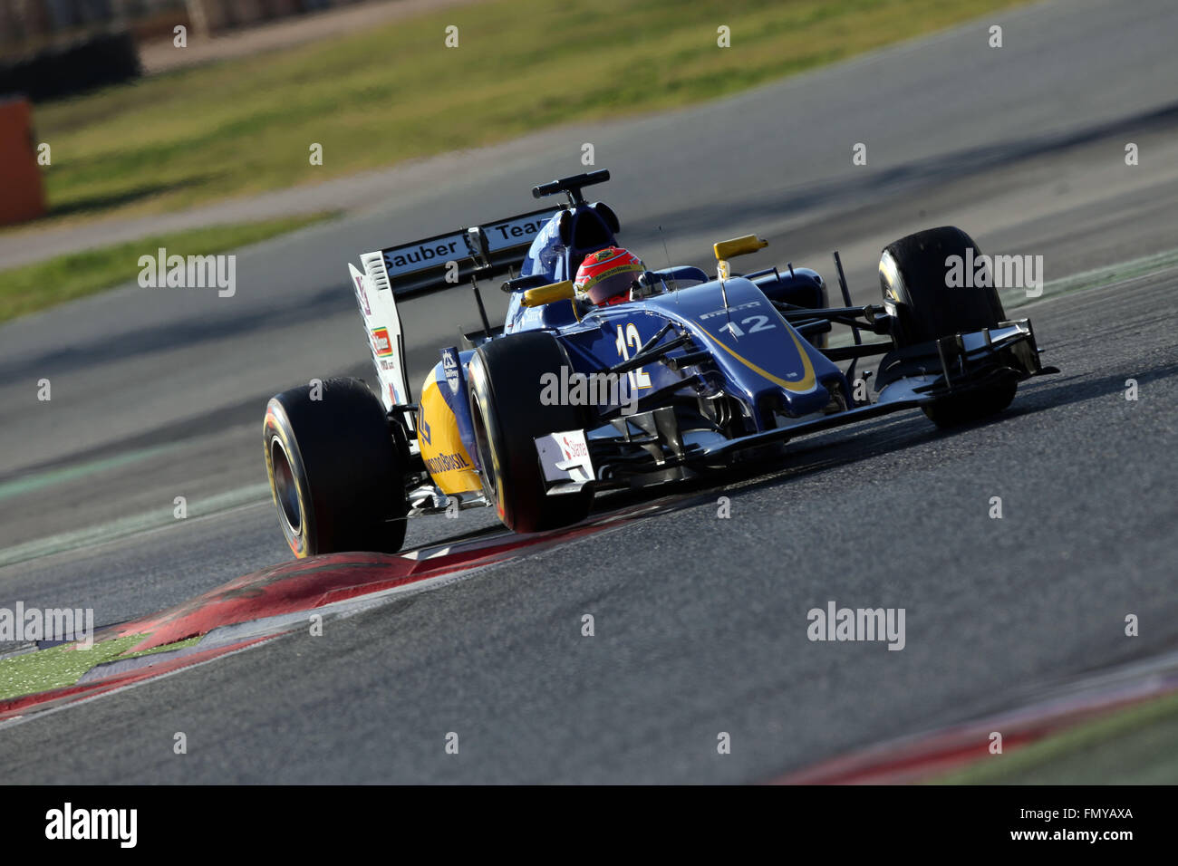 Brazilian Formula One driver Felipe Nasr of Sauber steers his car during the training session for the upcoming Formula One season at the Circuit de Barcelona - Catalunya in Barcelona, Spain, 24 February 2016. Photo: Jens Buettner/dpa Stock Photo