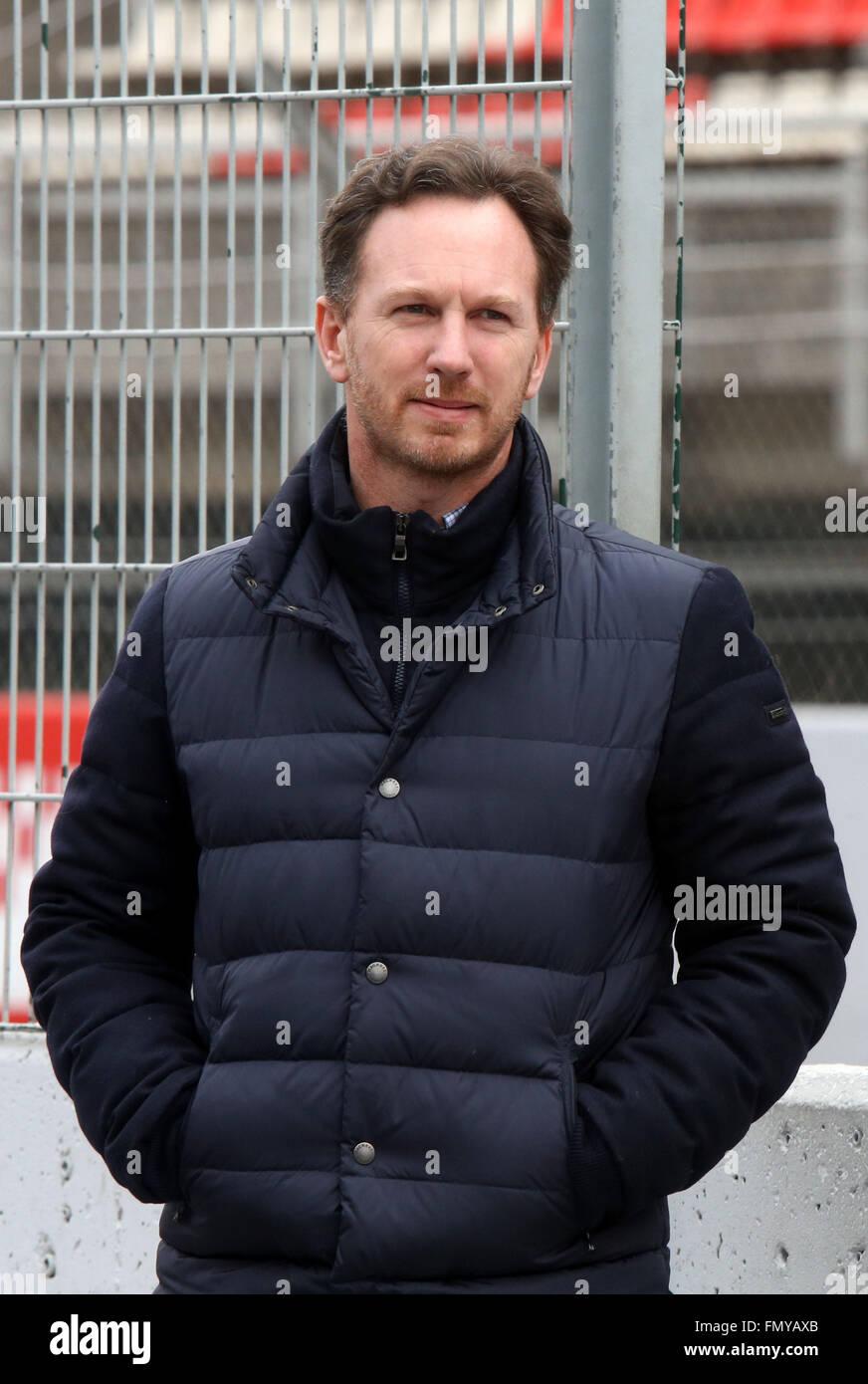 The team principal of Red Bull, British Christian Horner, seen during a training session for the upcoming Formula One season at the Circuit de Barcelona - Catalunya in Barcelona, Spain, 22 February 2016. Photo: Jens Buettner/dpa Stock Photo