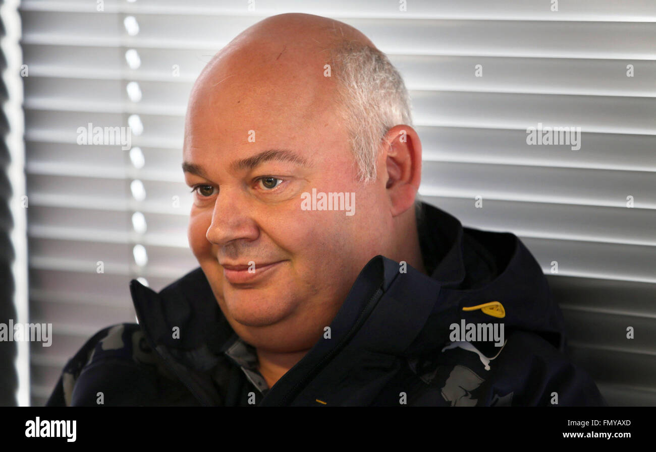 The chief designer of Red Bull, British Rob Marshall, seen during a training session for the upcoming Formula One season at the Circuit de Barcelona - Catalunya in Barcelona, Spain, 22 February 2016. Photo: Jens Buettner/dpa Stock Photo