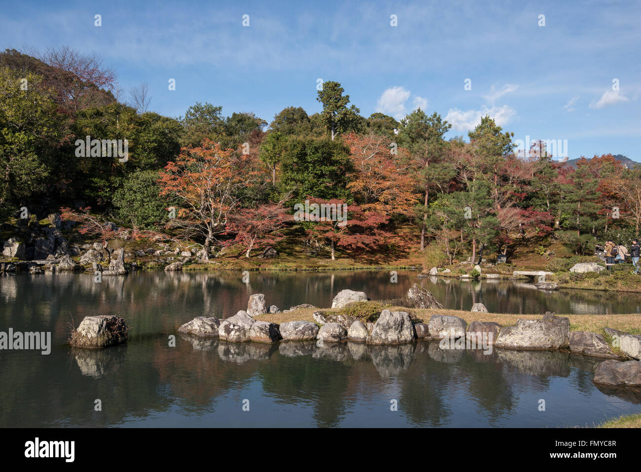 Japan, Kinki Region, Kyoto Prefecture, Kyoto City, Tenryu-ji Temple, Reflection of autumn trees on sogen pond. Stock Photo