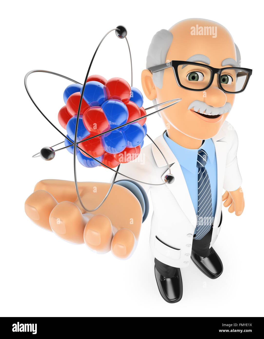 3d education people. Physics teacher with an atom. Isolated white background. Stock Photo