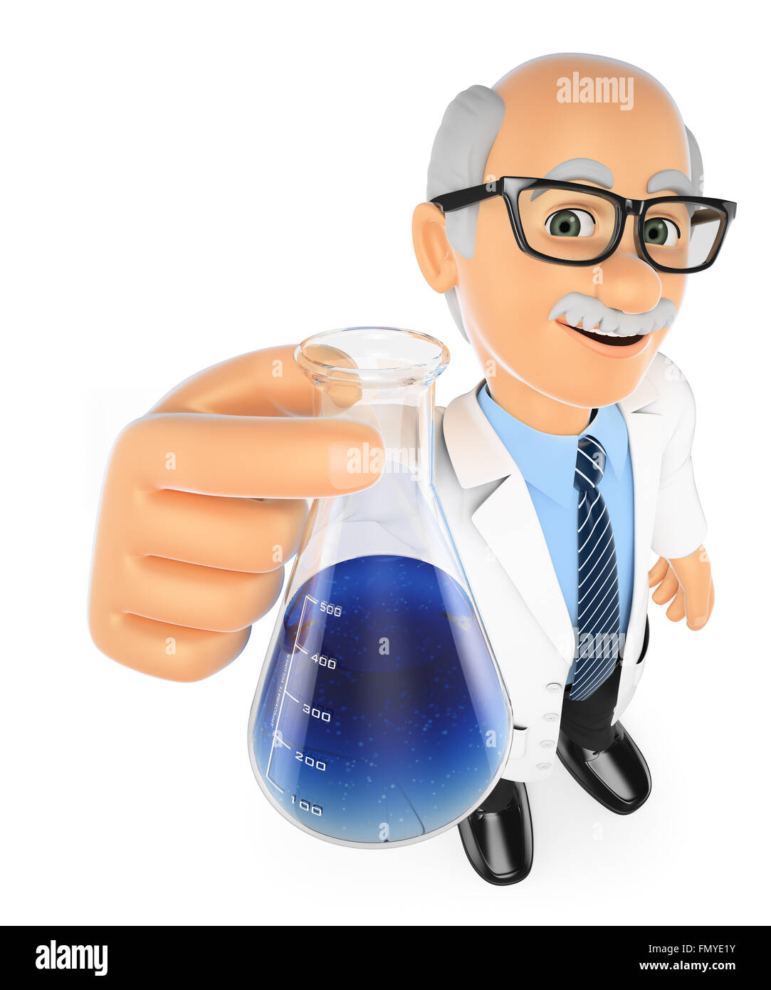 3d education people. Chemistry teacher with a flask. Isolated white background. Stock Photo