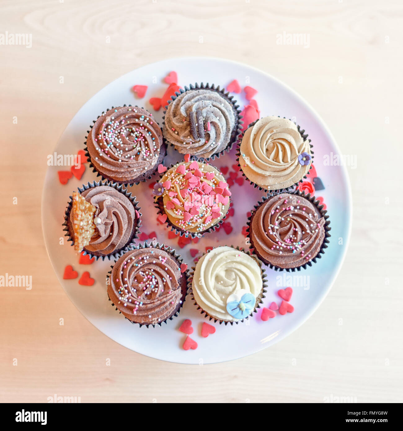 Top down above view on eight deliciously sweet cupcakes covered with creamed chocolate, vanilla and various other garnishments a Stock Photo