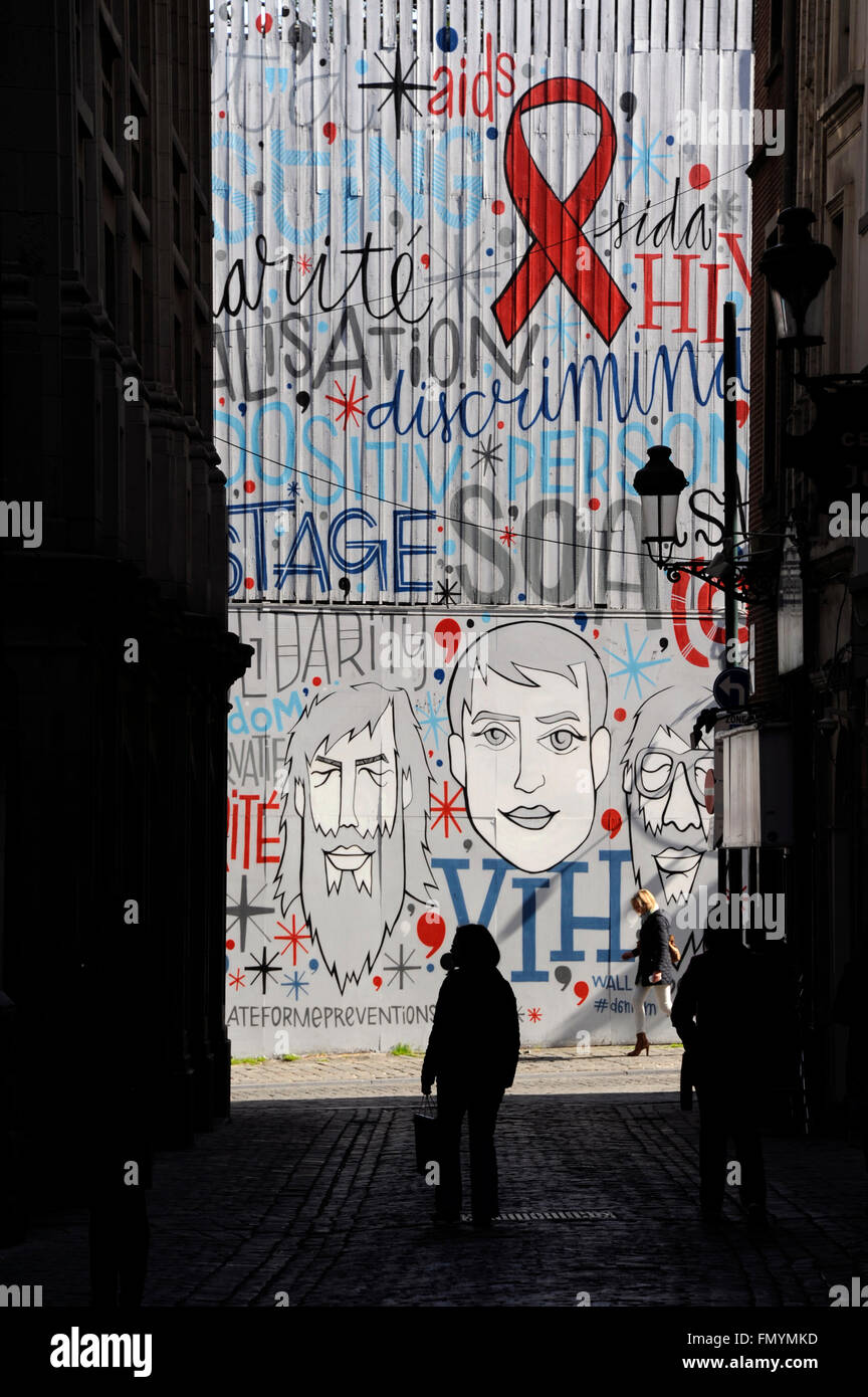 Murs Solidarite Sida by Denis Meyers,rue du marche aux Herbes,Brussels,Belgium Stock Photo