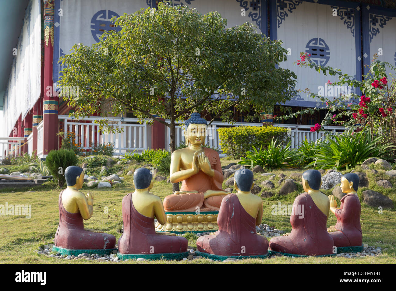 Lumbini, Nepal - November 26, 2014: Photograph of Buddha Statues at the Tara Foundation Lotus Stupa also known as German Temple Stock Photo
