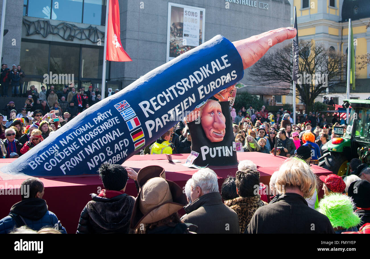 Duesseldorf, Germany. 13th March, 2016. A carnival float with the theme 'Radical right-wing parties of Europe' seen in the rescheduled Rosenmontag carnival parade in Duesseldorf. The traditional Rosenmontag carnival parade was originally canceled because of storm warnings. Photo: MONIKA SKOLIMOWSKA/dpa Credit:  dpa picture alliance/Alamy Live News Stock Photo