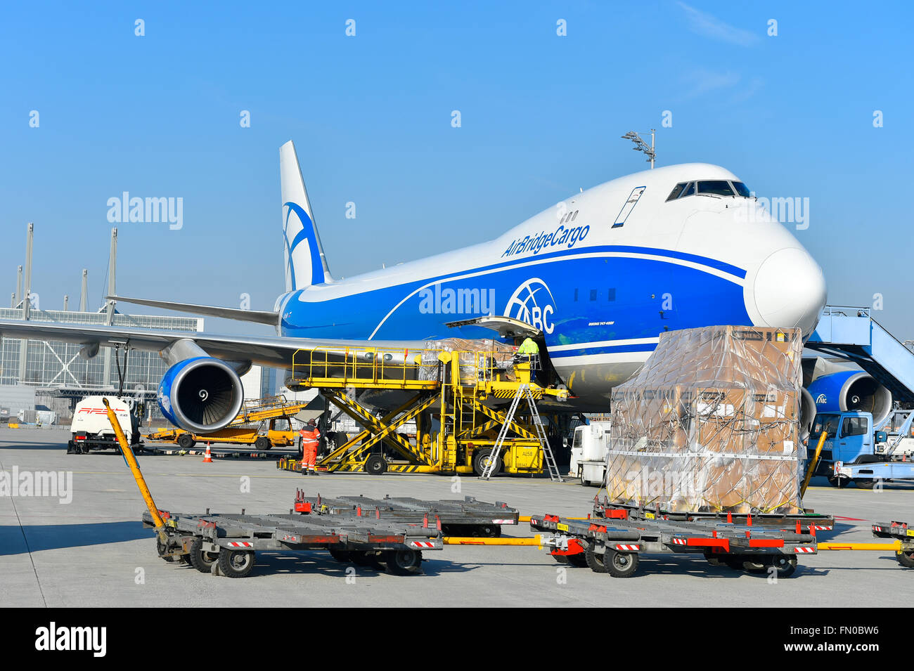 freighter, freight, cargo, airplane, aircraft, plane, Boeing, B 747, B747-400F, ABC, Air Bridge Cargo, freight embarkation, Stock Photo