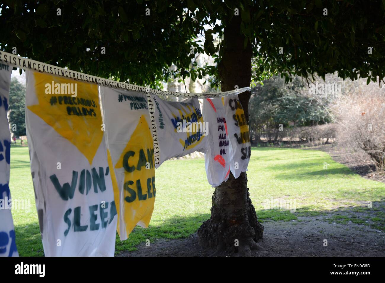 London, UK. 13th March 2016. Messages are written on pillows to illustrate the lack of sleep that some are getting. Credit:  Marc Ward/Alamy Live News Stock Photo