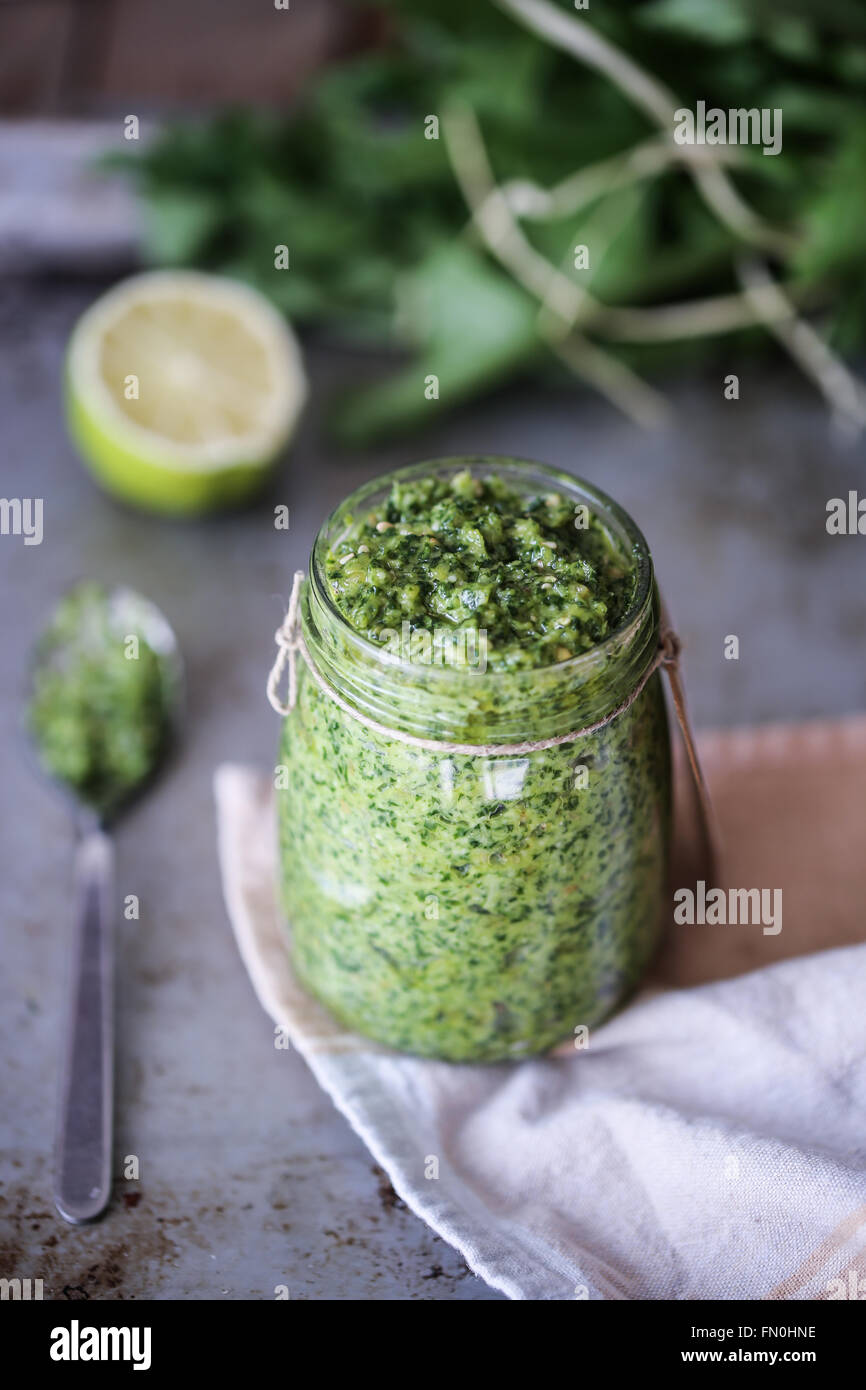 Wild herbs homemade pesto Stock Photo Alamy