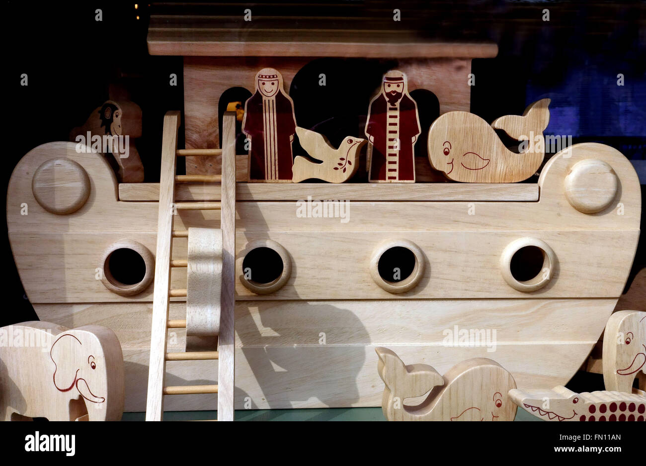 Wooden Noah's Ark in toyshop window, London Stock Photo