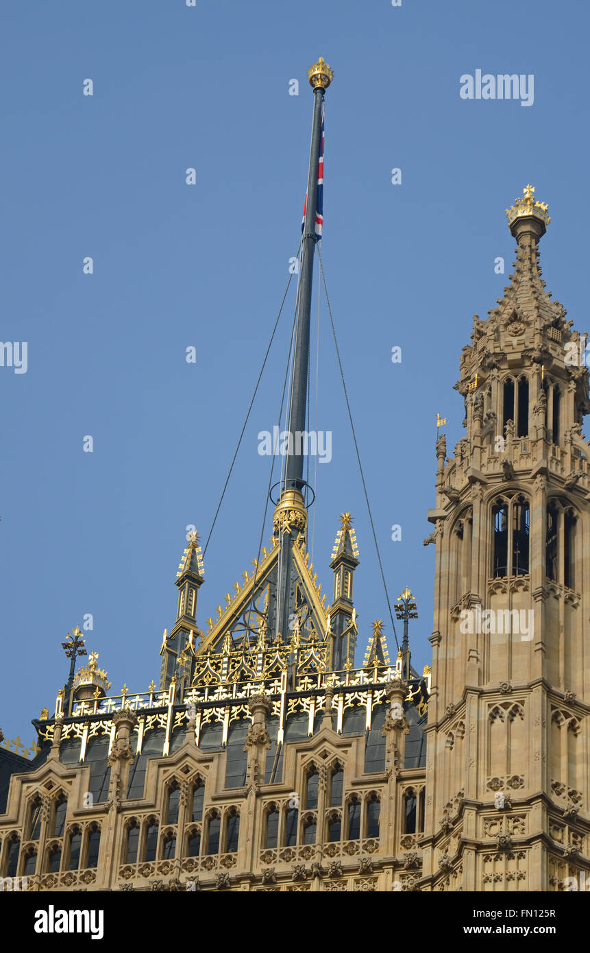 Structure of the Palace of Westminster, the meeting place of the House of Commons and the House of Lords. Victoria Tower in SW corner Stock Photo