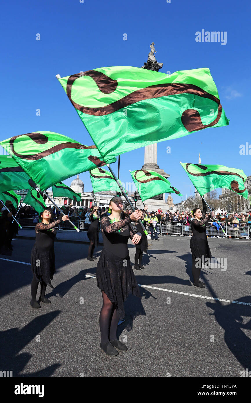 London, UK. 13th March 2016. Participants in the St Patrick's Day Parade 2016 at Trafalgar Square with Nelson's Column in London Credit:  Paul Brown/Alamy Live News Stock Photo
