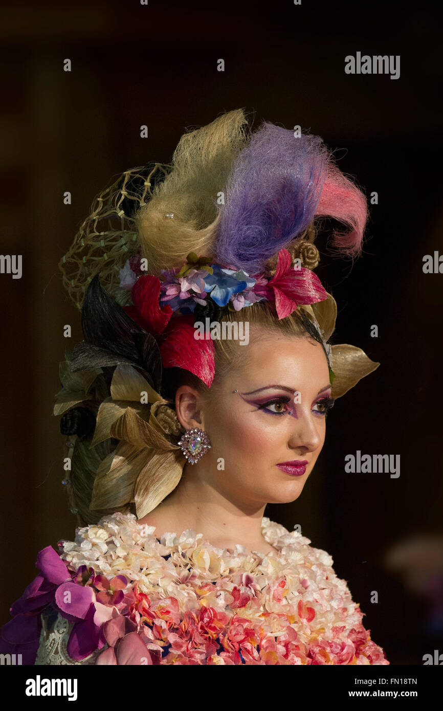 Blackpool 13th March, 2016. Wintergardens Hairdressing Competitions. Hair & Beauty NW is the North West's major hair and beauty event, a venue for exciting competitions held by the National Hair Federation (N.H.F). The National Hairdressers' Federation is a trade industry group representing hairdressing salon owners in the United Kingdom. Stock Photo