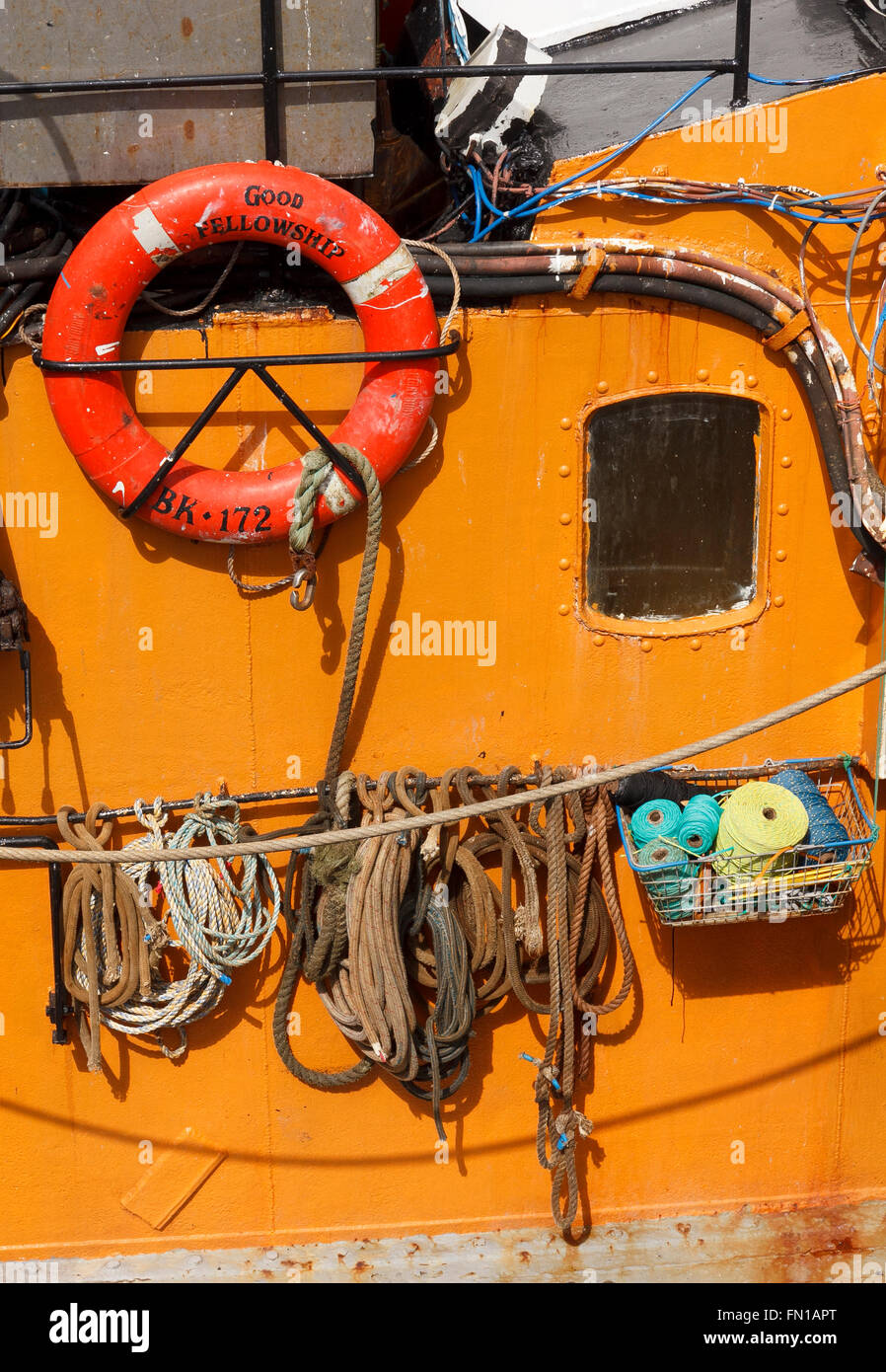 Detail of exterior of fishing boat 'Good Fellowship' moored in Mallaig harbour, Lochaber, Highland Scotland Stock Photo