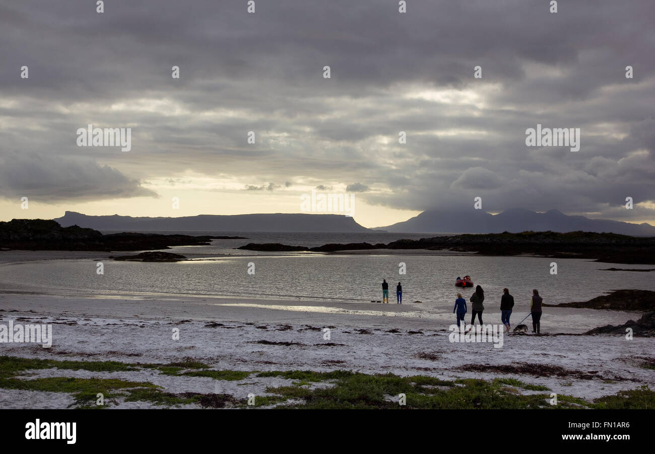 View to the islands of Eigg and Rum from Traigh Beaches, near Arisaig on the Road to the Isles, Highland, Scotland Stock Photo