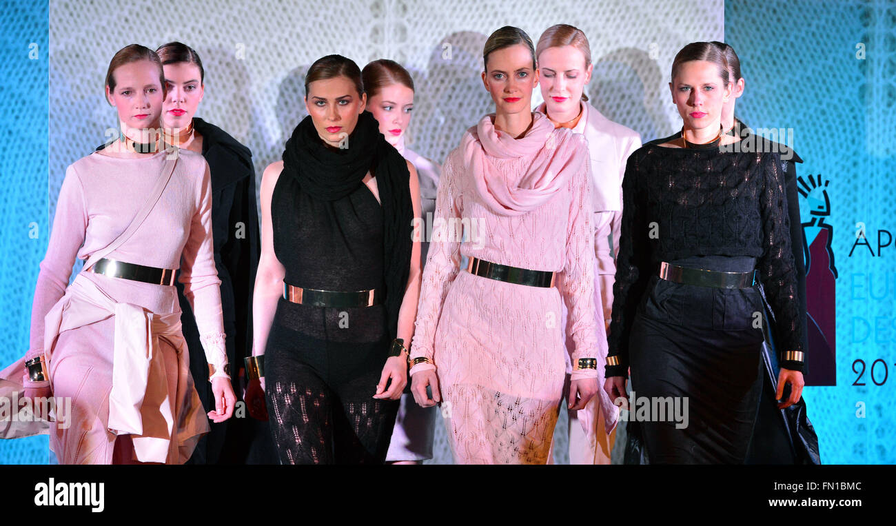 Apolda, Germany. 12th Mar, 2016. Models wear students' designs at a ...