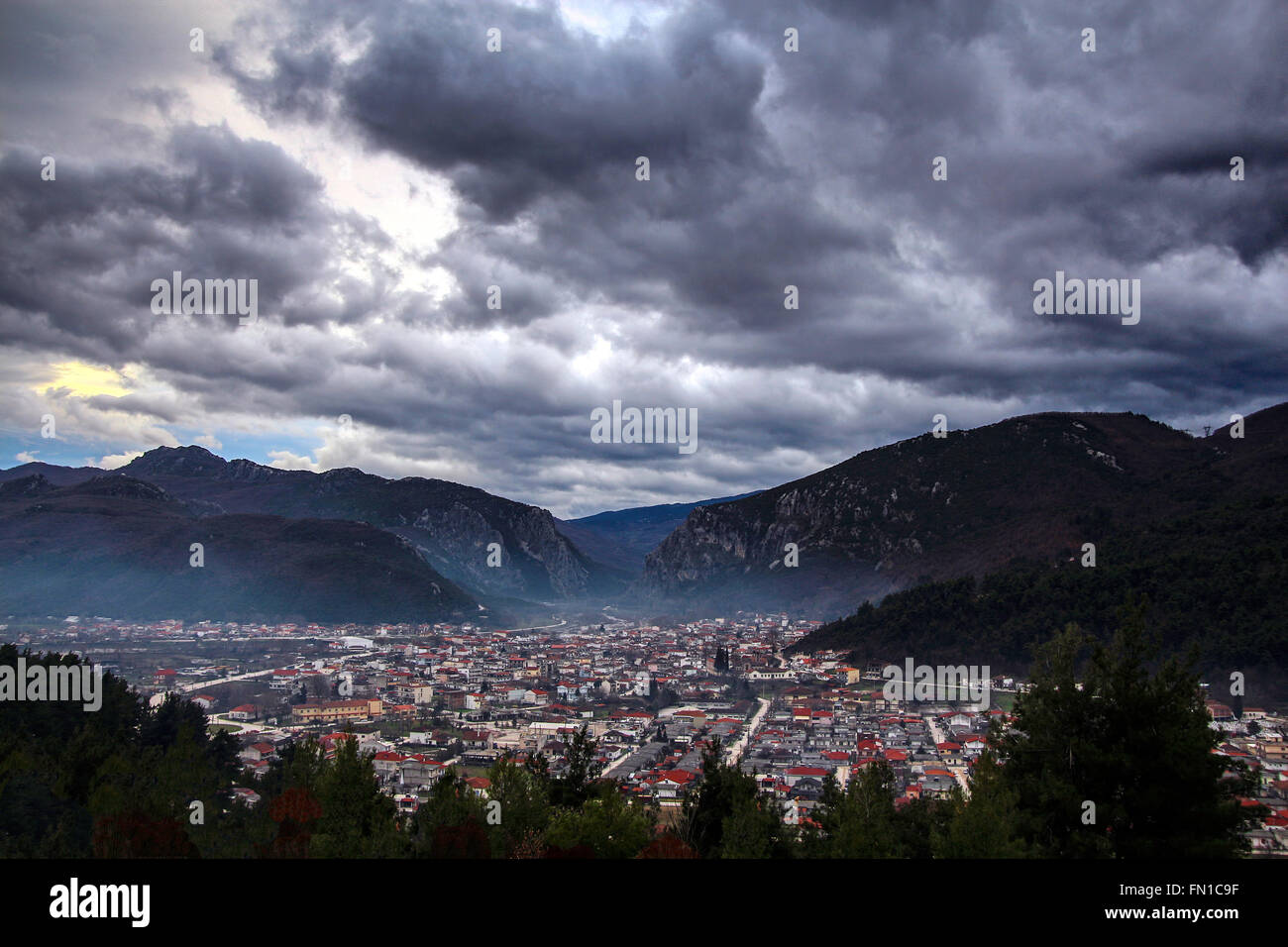 View from above,village in the valley, Greece Stock Photo