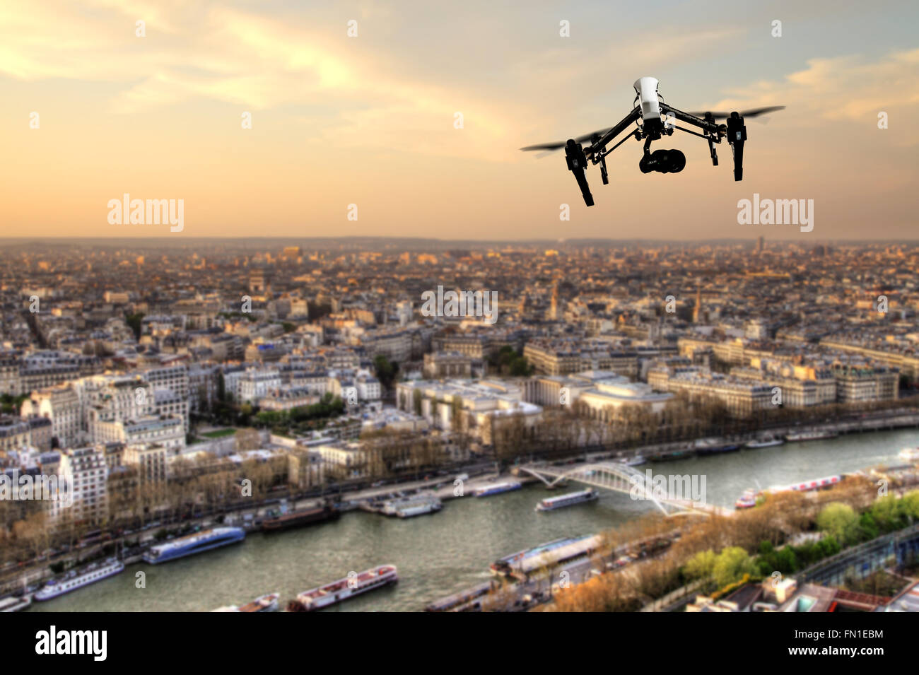 Drone flying above Paris city panorama Stock Photo