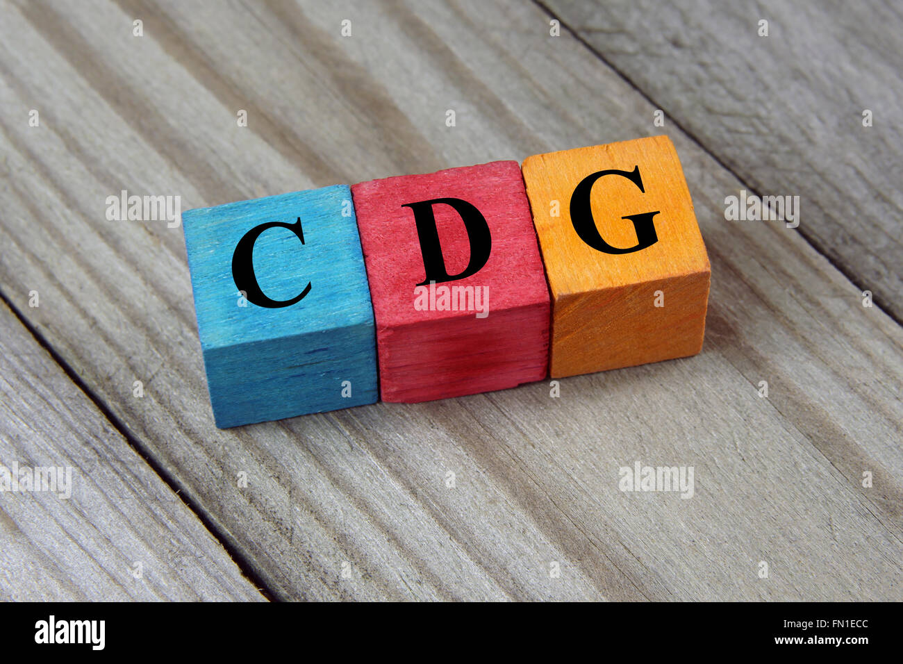 CDG (Paris airport code) acronym on colorful wooden cubes Stock Photo