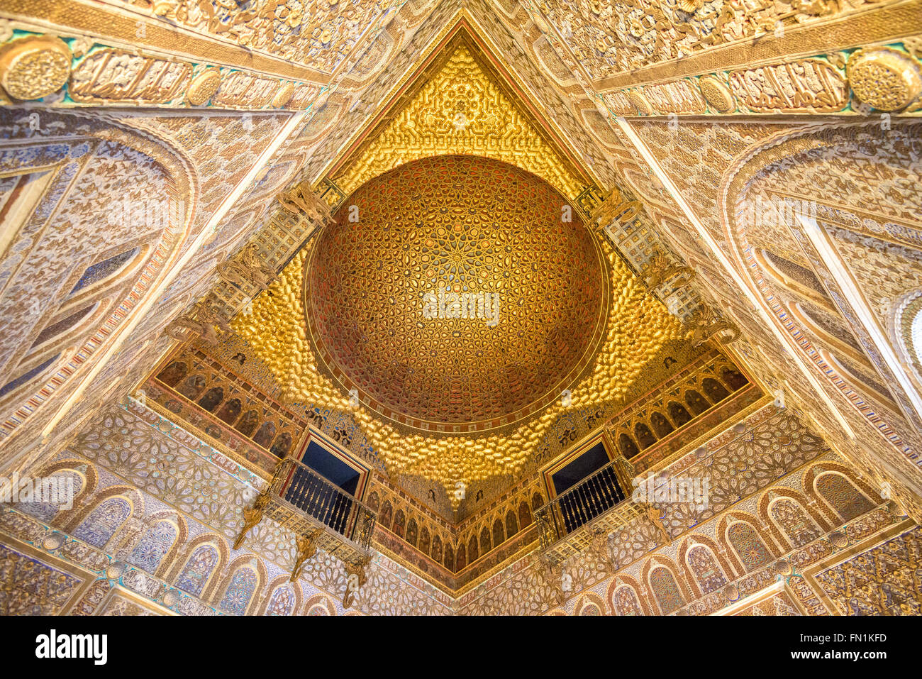 The ceiling of the Royal Alcazar of Seville. It is the oldest royal palace still in use in Europe. Stock Photo