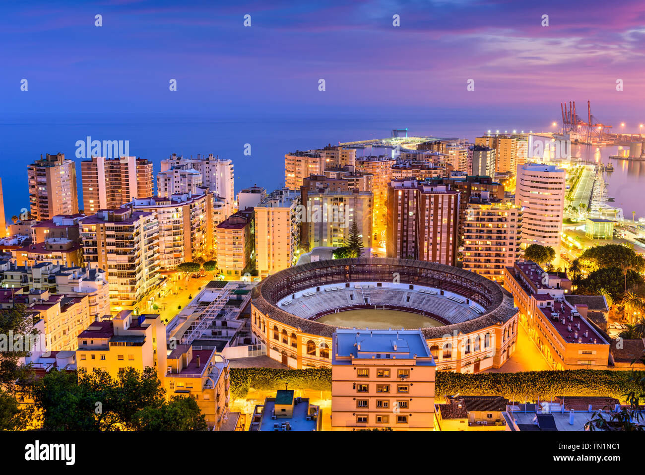 Malaga, Spain skyline towards the Mediterranean Sea. Stock Photo