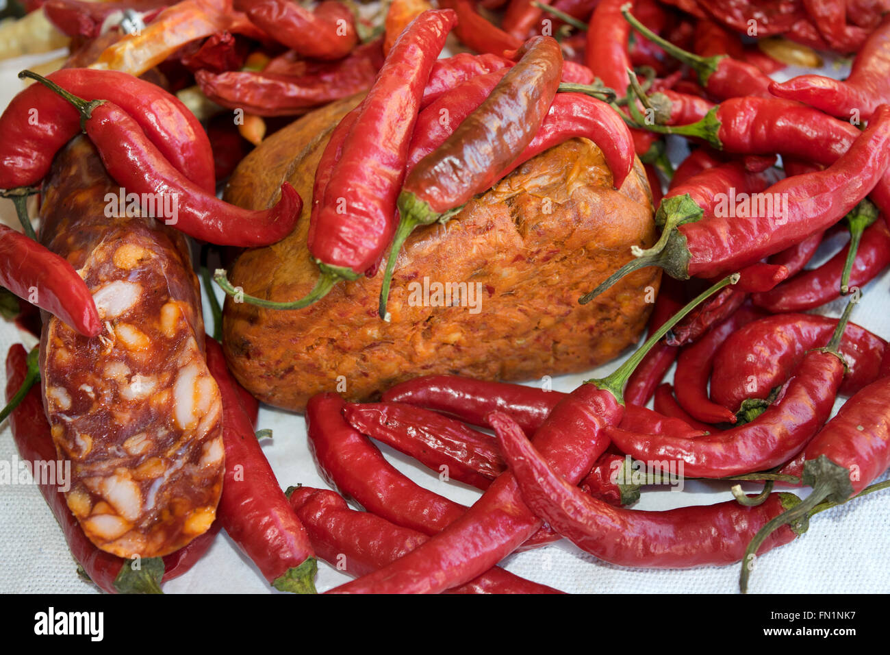 hot chili soppressata and nduja typical products of Calabria Stock