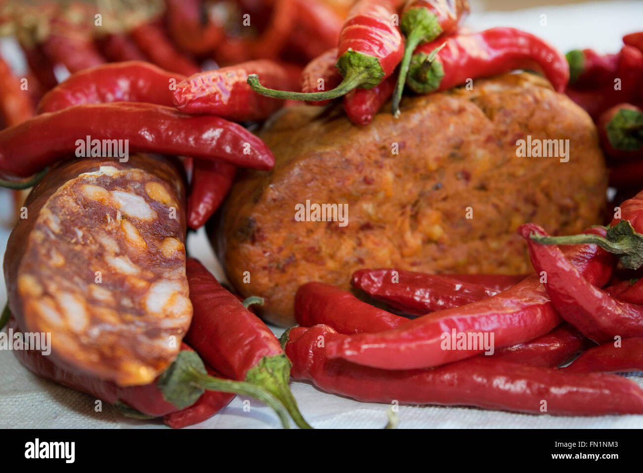 hot chili soppressata and nduja typical products of Calabria Stock