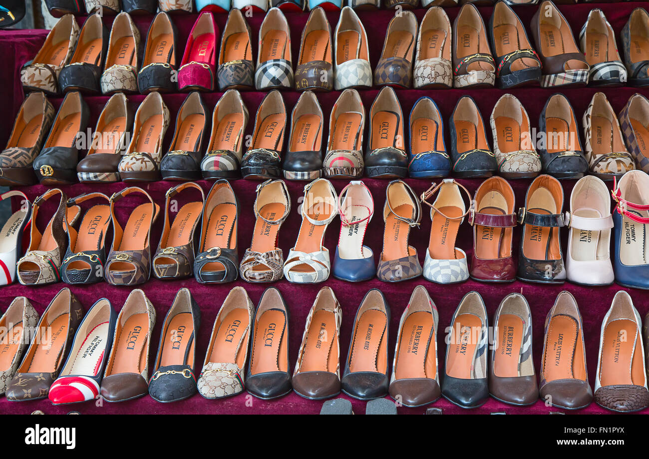 ISTANBUL - MAY 3: Faked Shoes On Sale On The Narrow Street Around Grand  Bazaar On Mal 3, 2015 In Istanbul, Turkey. Area Around Grand Bazaar Is Well  Known Seeling Place For