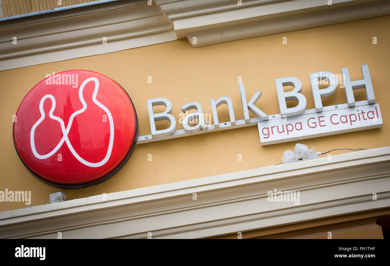 BYDGOSZCZ, 13 March 2016 - Bank BPH, owned by the GE Capital group is set to receive an offer by Polish Alior Bank which is partly state owned. The move would increase the power the ruling conservative Law and Justice party (PiS) has over the financial sector. New levies have already made banks in the country announce job cuts and price hikes for products. Analysts are predicting the fall of Polish banks this year as well a major job cuts due to falling profits and extra costs following tax reform by the conservative government in power since October of 2015. The banking sector in Poland emplo Stock Photo