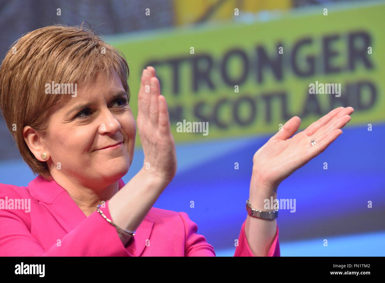 Glasgow, Scotland, GBR - 13  March: Nicola Sturgeon MSP - First Minister of Scotland and party leader - on the final day of the  Scottish National Party (SNP) Spring Conference which took place Sunday 13 March 2016 in Glasgow, Scotland. Stock Photo