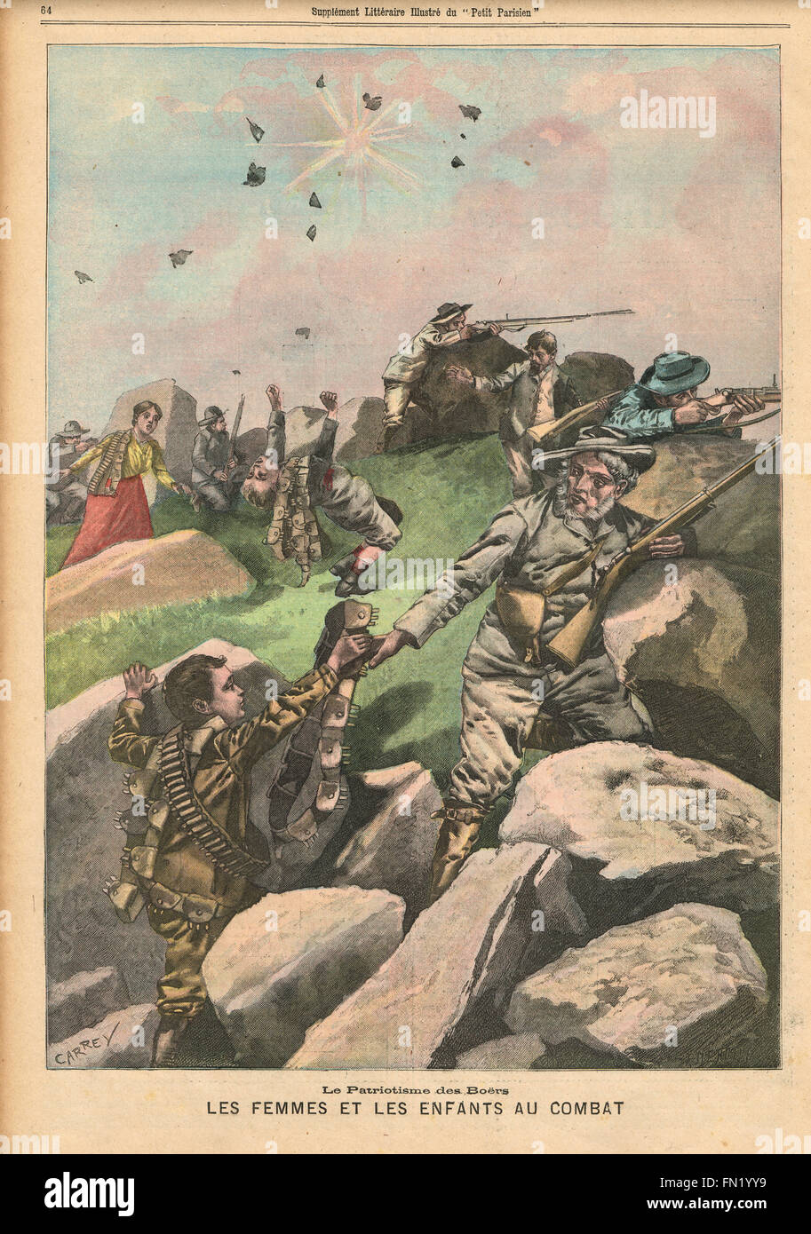 Boer Women and Children in combat Boer War 1900.  French illustrated newspaper Le Petit Parisien illustration Stock Photo