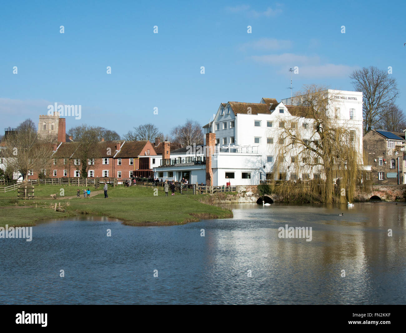 The river Stour in front of an old mill building in Sudbury, Suffolk, England. Stock Photo