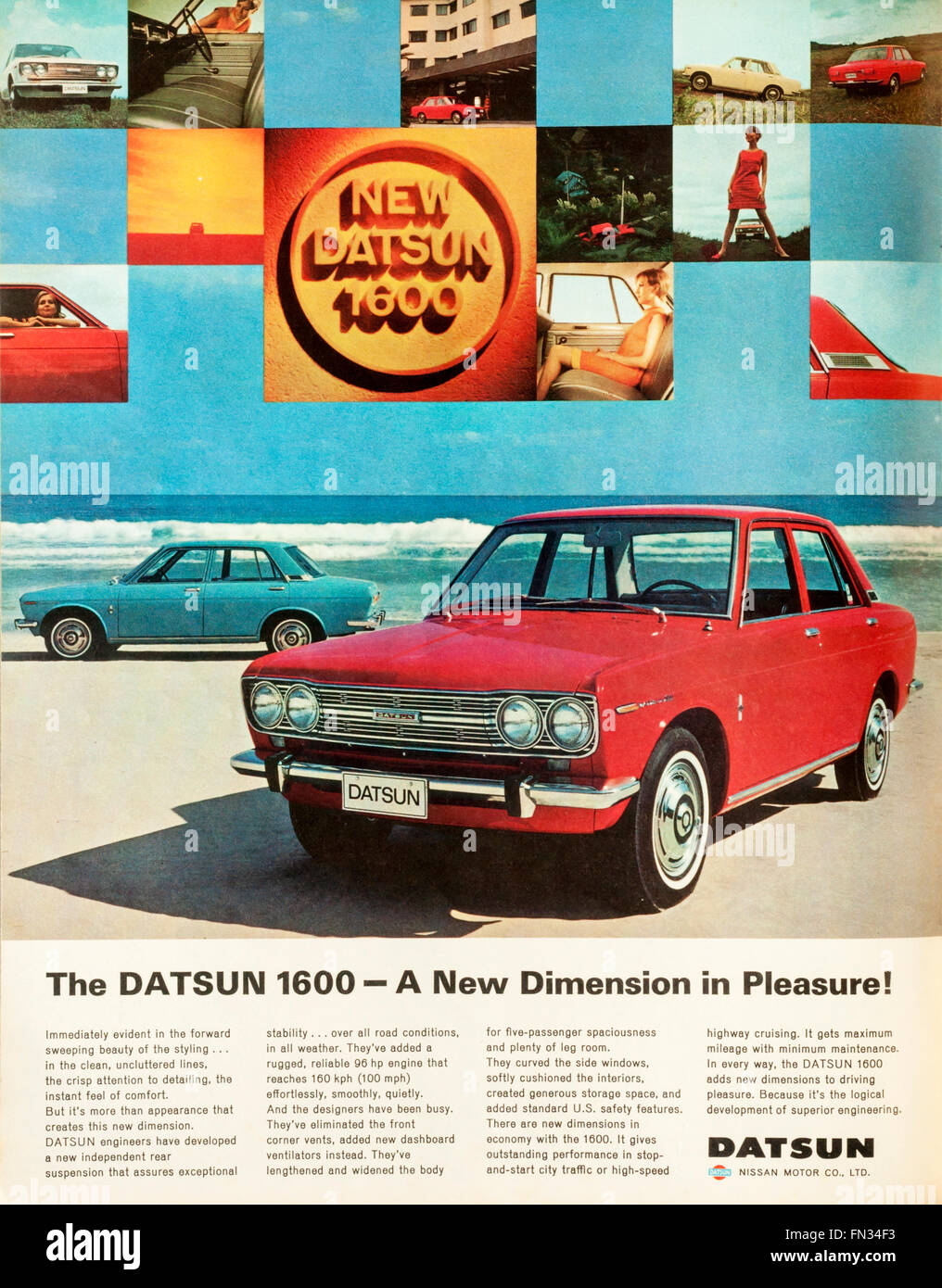 1960s magazine advertisement advertising the Datsun 1600 car. Stock Photo