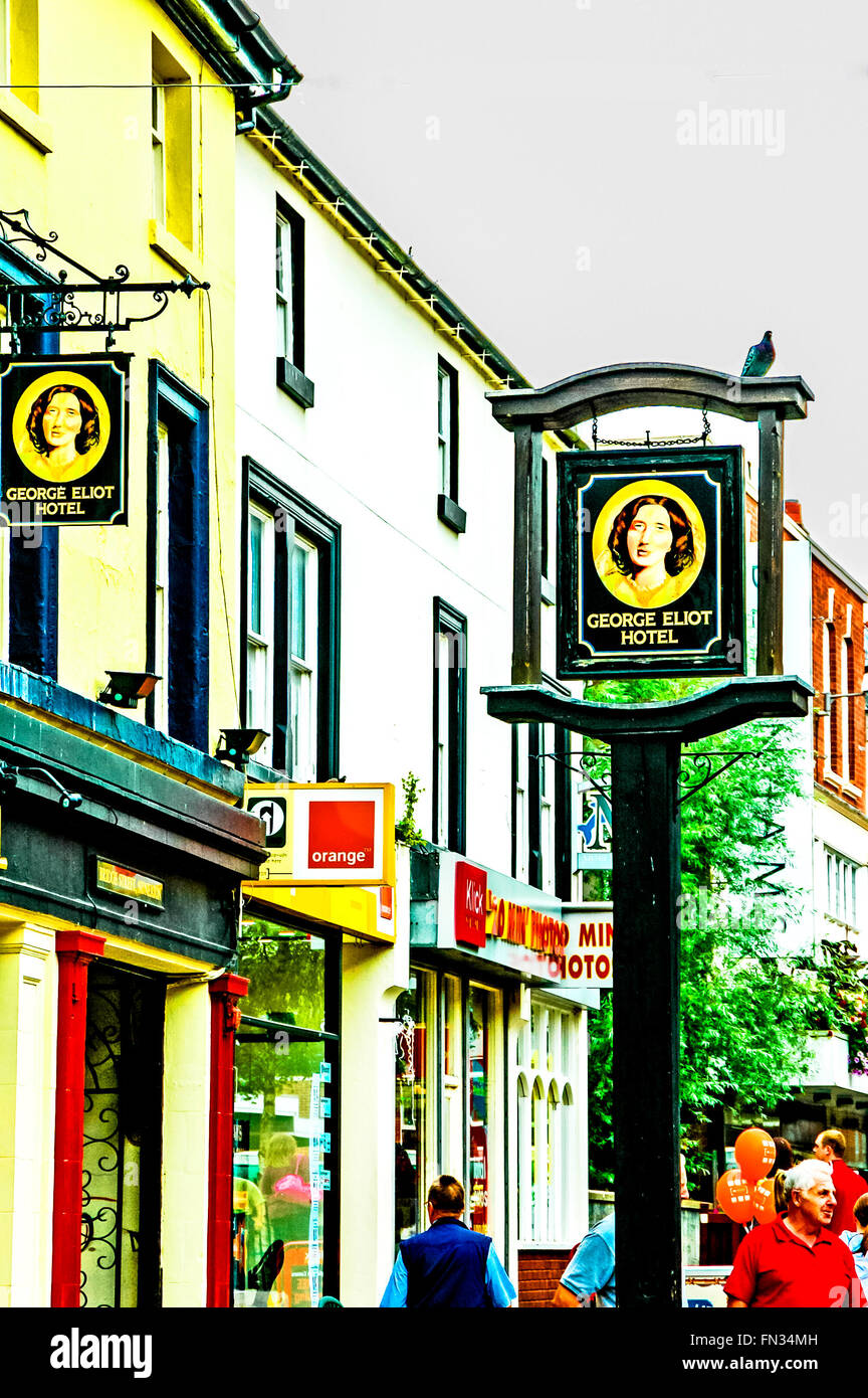 Pub sign in Nuneaton (Warwickshire) showing the head of the writer George Eliot, the famous daughter of the town Stock Photo