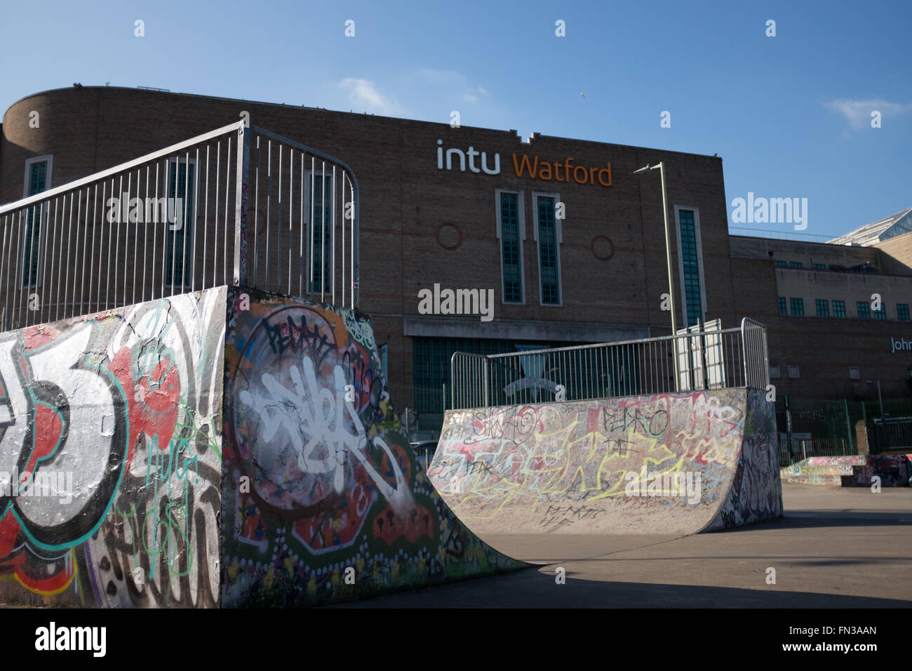 Skate park in Watford, herts, UK, next to intu shopping centre Stock