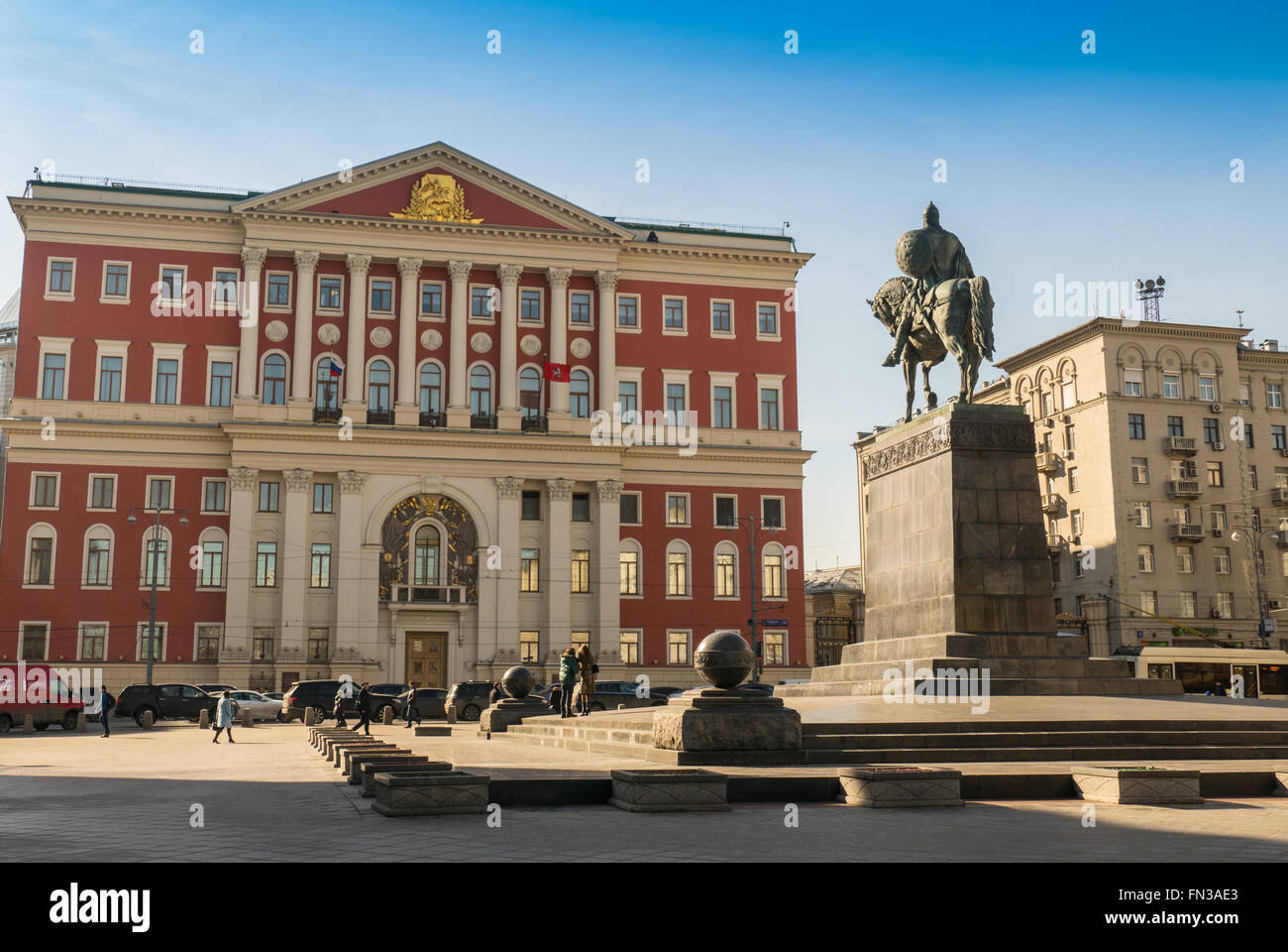 City Hall and the monument to Yuri Dolgoruky Stock Photo