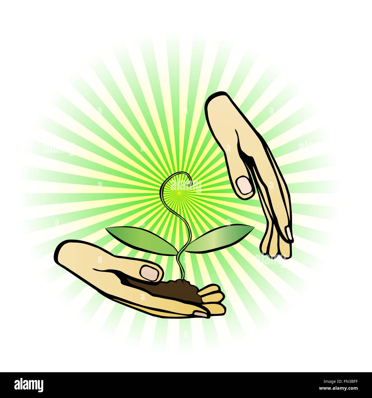Care about the environment. Hands gently holding the plant before planting. Stock Vector