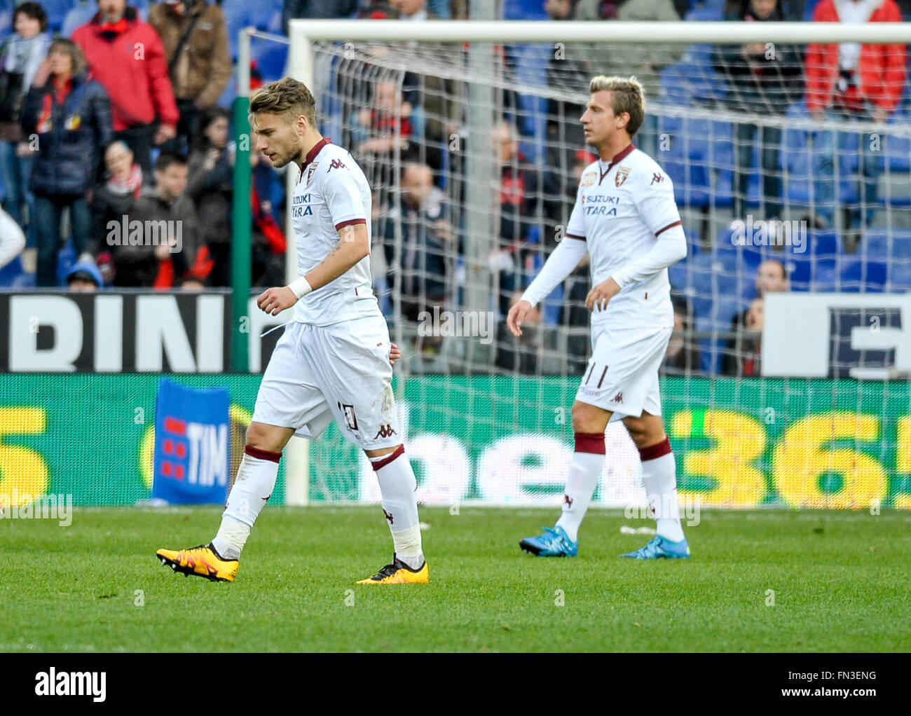 Genoa, Italy. 13th March, 2016: Ciro Immobile (left) and Maxi Lopez are disappointed at the end of the Serie A football match between Genoa CFC and Torino FC at Luigi Ferraris stadium in Genoa, Italy. Credit:  Nicolò Campo/Alamy Live News Stock Photo