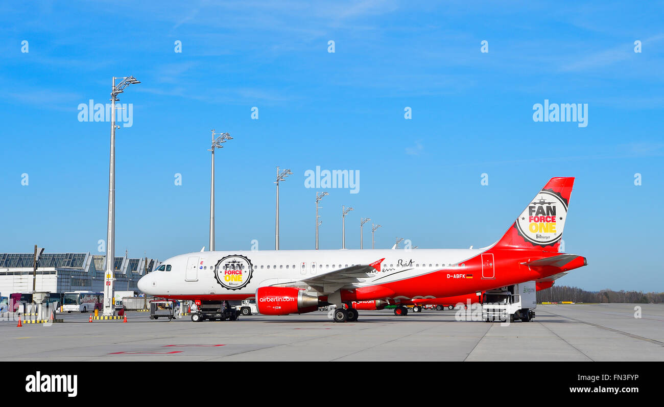 FAN Force One, Air Berlin, Airbus, A319, A320, A321, roll out, roll in, aircraft, airport, overview, panorama, view, MUC Stock Photo
