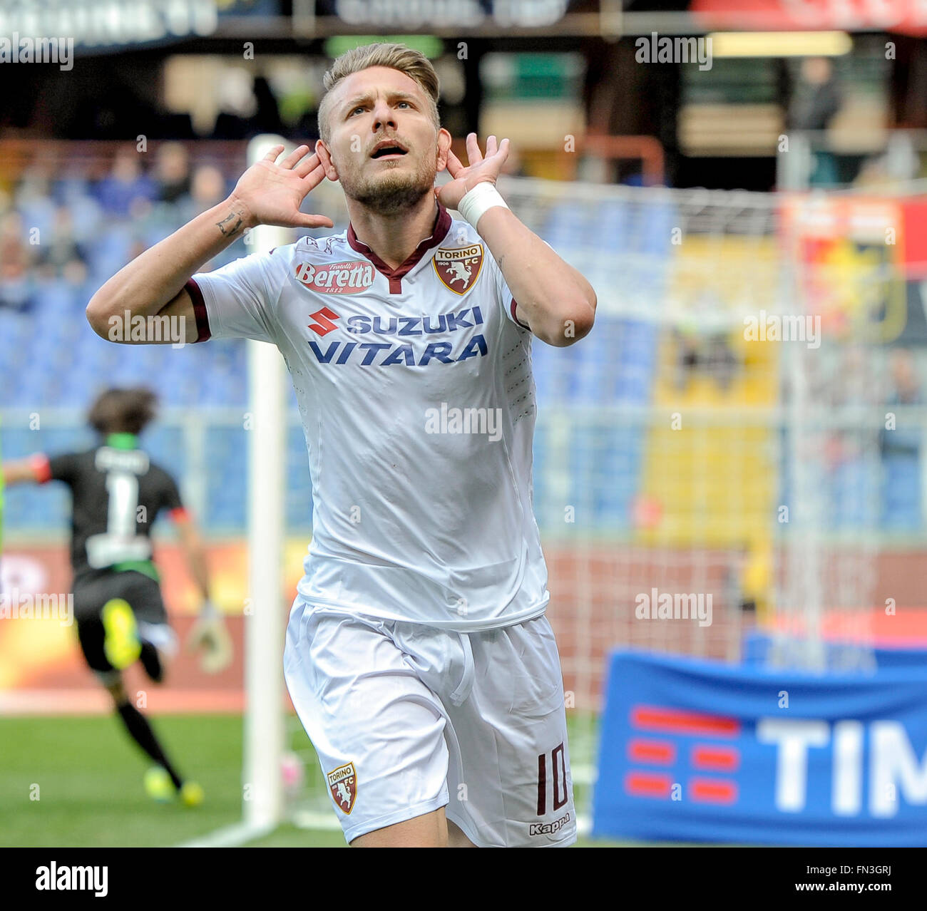 Genoa, Italy. 13th March, 2016: Ciro Immobile celebrates after scoring during the Serie A football match between Genoa CFC and Torino FC at Luigi Ferraris stadium in Genoa, Italy. Credit:  Nicolò Campo/Alamy Live News Stock Photo