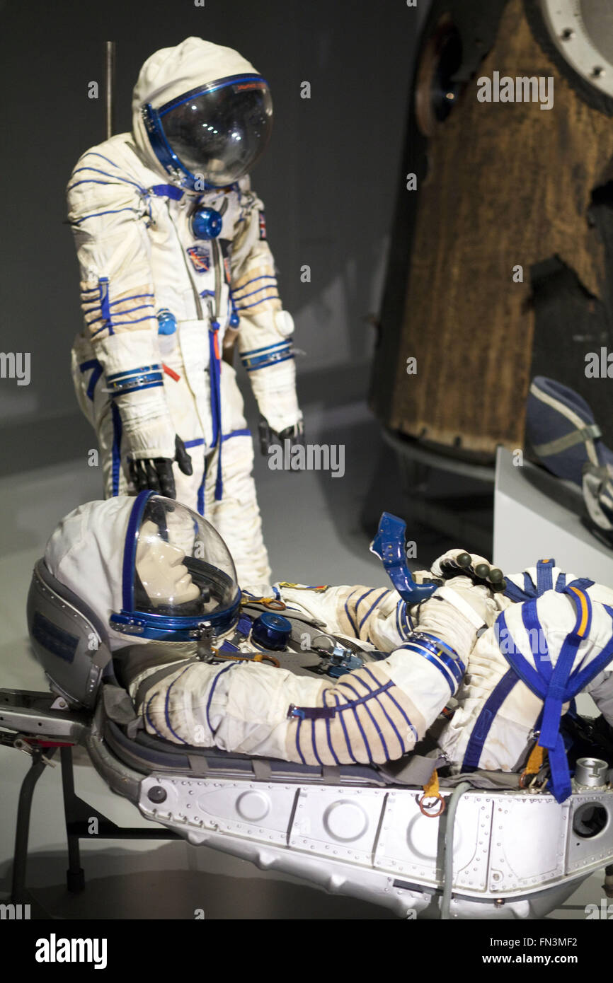 London, UK. 12th Mar, 2016. Cosmonauts: Birth of the Space Age.Sokol-KV-2 rescue suit and Kazbek-UM seat. The spacesuit on the right was worn by the first british astronaut Helen Sharman during her JUNO mission to MIR in 1991.The Science Museum exhibit has assembled a most significant collection of Russian spacecraft and artefacts ever to be shown in the UK. In 1957 Russia launched the world's first artificial satellite, Sputnik, into space and just four years later sent the first ever human ''“ Yuri Gagarin. It was Russia that turned the dream of space travel into a reality and became th Stock Photo