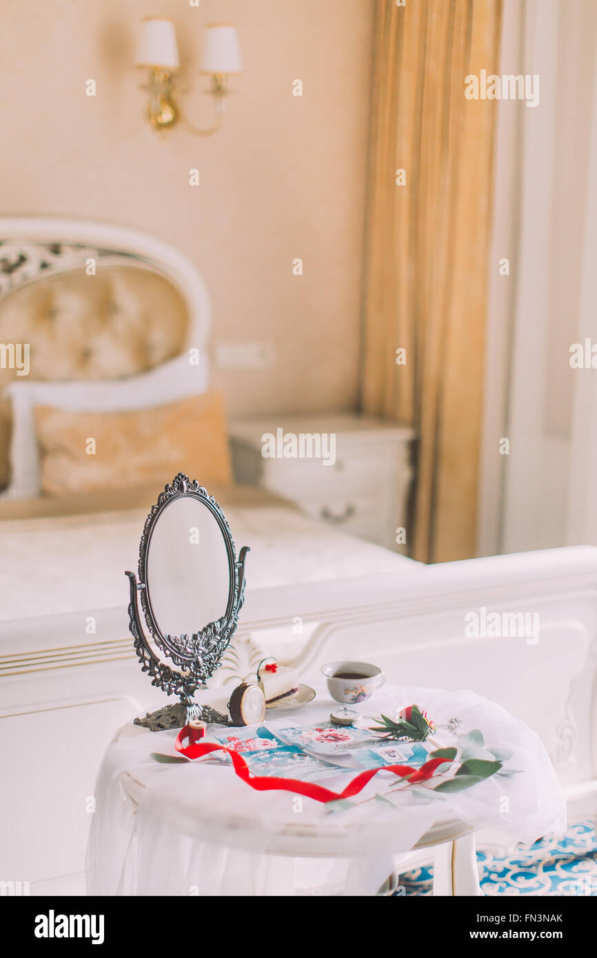 Beautiful white vintage table with cup of tea. English victorian style